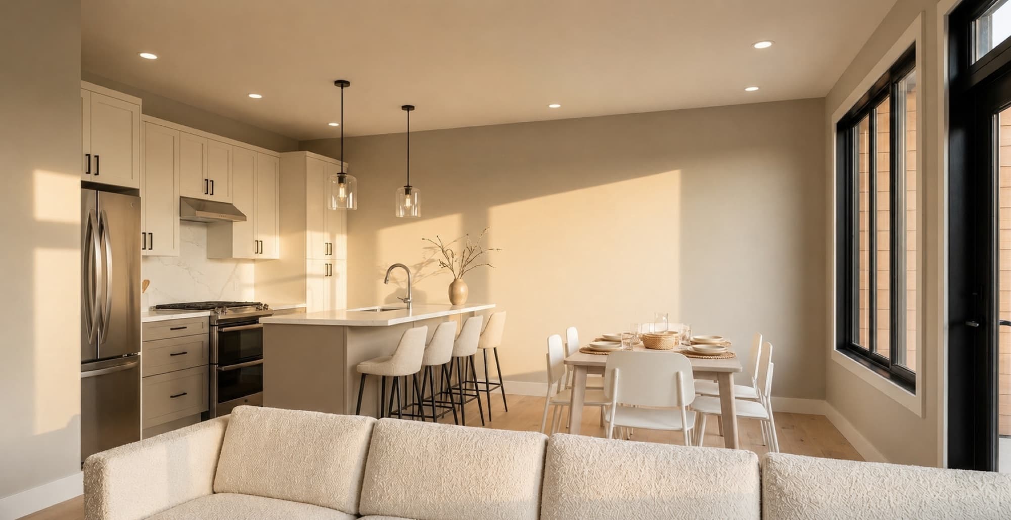 Kitchen, island seating and dining area in a Paramount Peak home